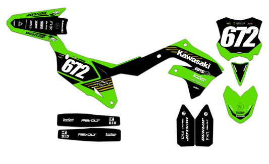 Customizable Kawasaki Series 2 Dirt Bike Graphics Kit for Big Bikes and Little Bikes