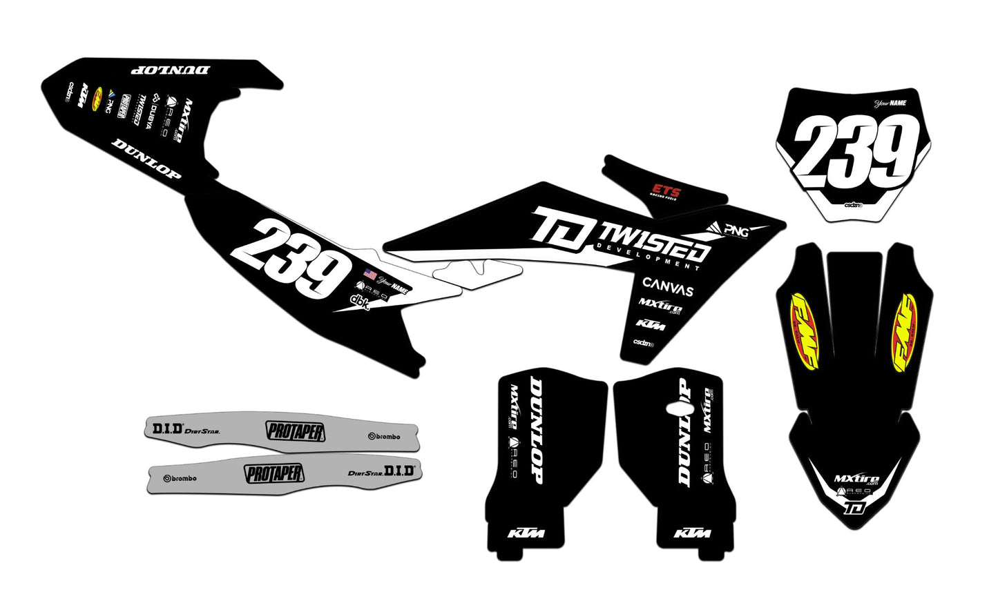 Customizable KTM Series 5 Dirt Bike Graphics Kit for Big Bikes and Little Bikes