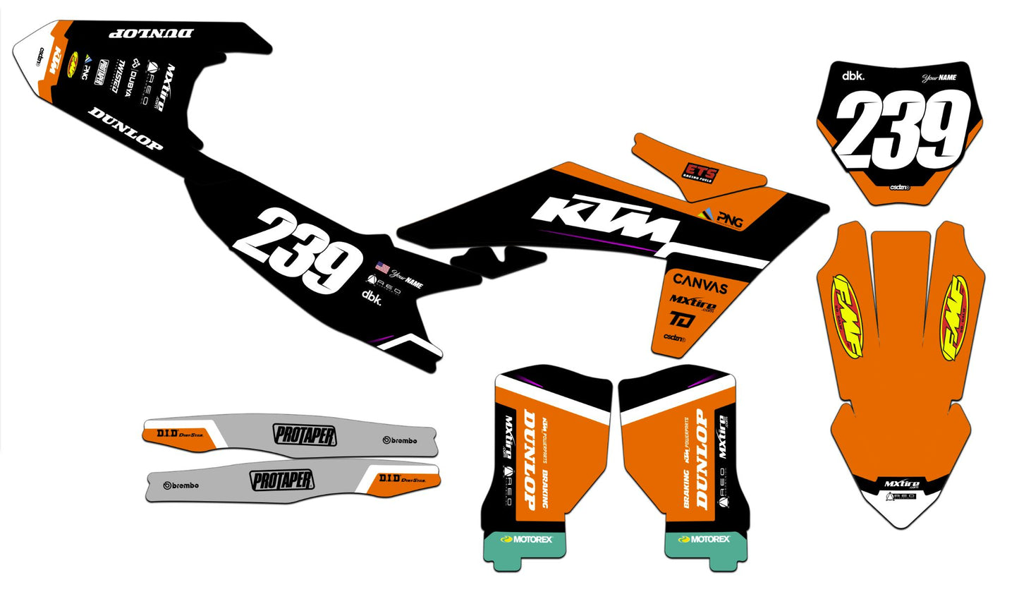 Customizable KTM Series 1 Dirt Bike Graphics Kit for Big Bikes and Little Bikes