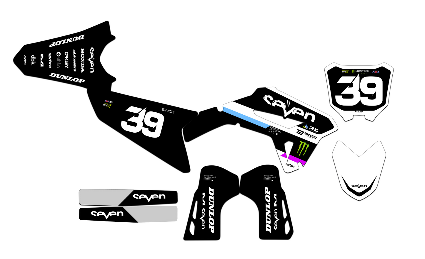 Customizable Honda Seven Series Dirt Bike Graphics Kit for Big Bikes and Little Bikes