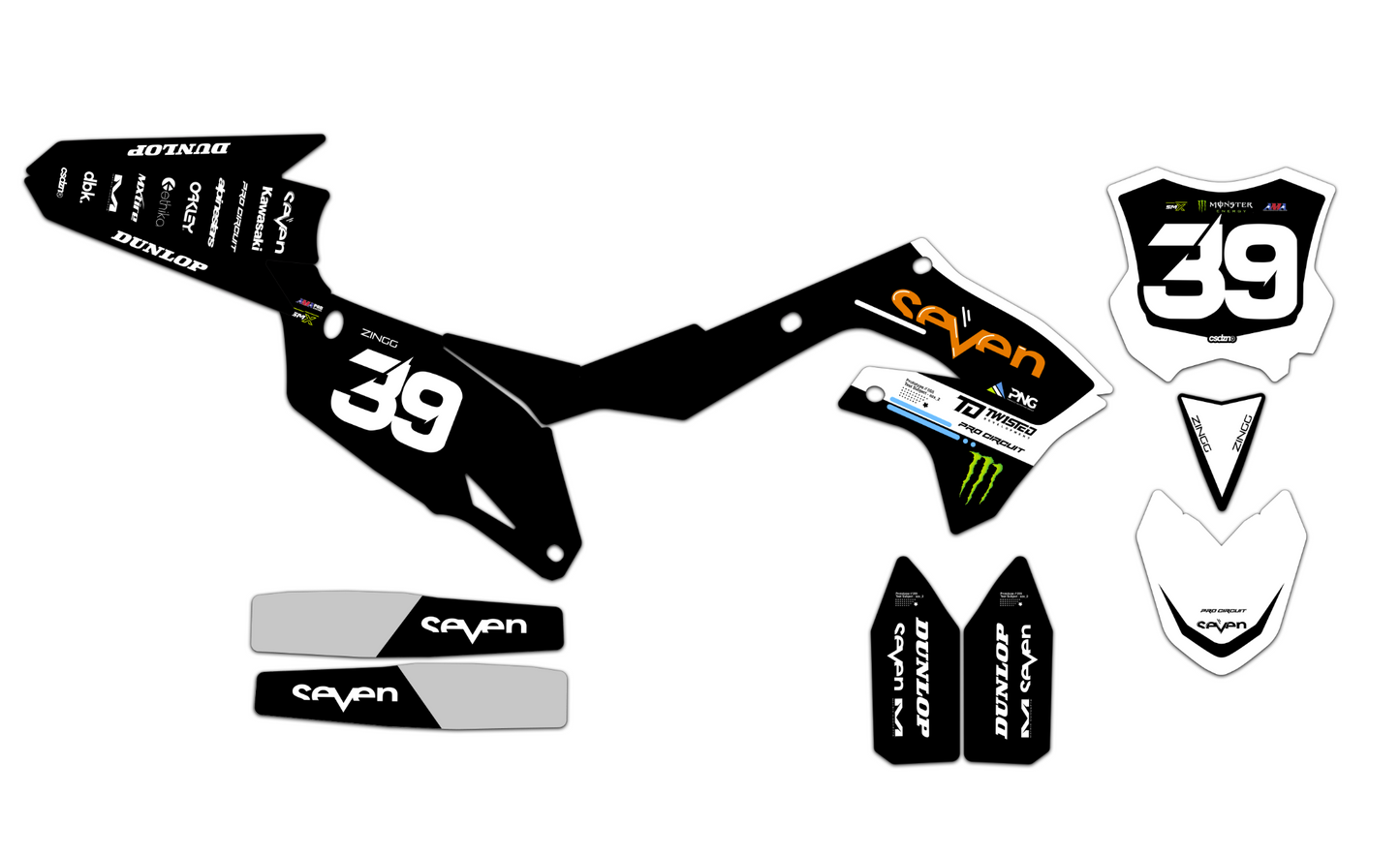 Customizable Kawasaki Seven Series 2 Dirt Bike Graphics Kit for Big Bikes and Little Bikes