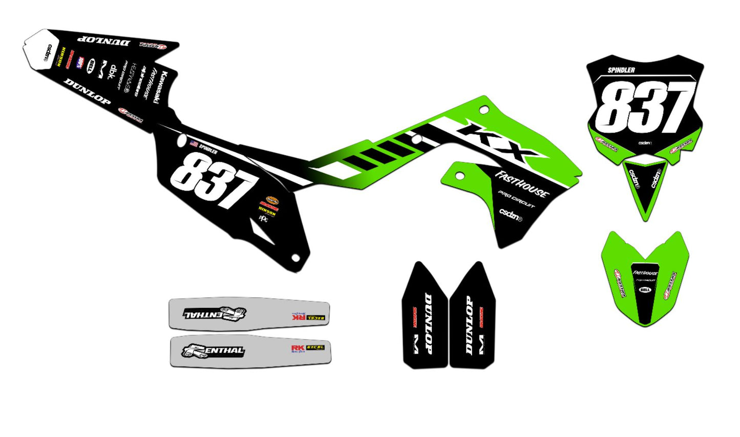 Customizable Kawasaki Series 5 Dirt Bike Graphics Kit for Big Bikes and Little Bikes